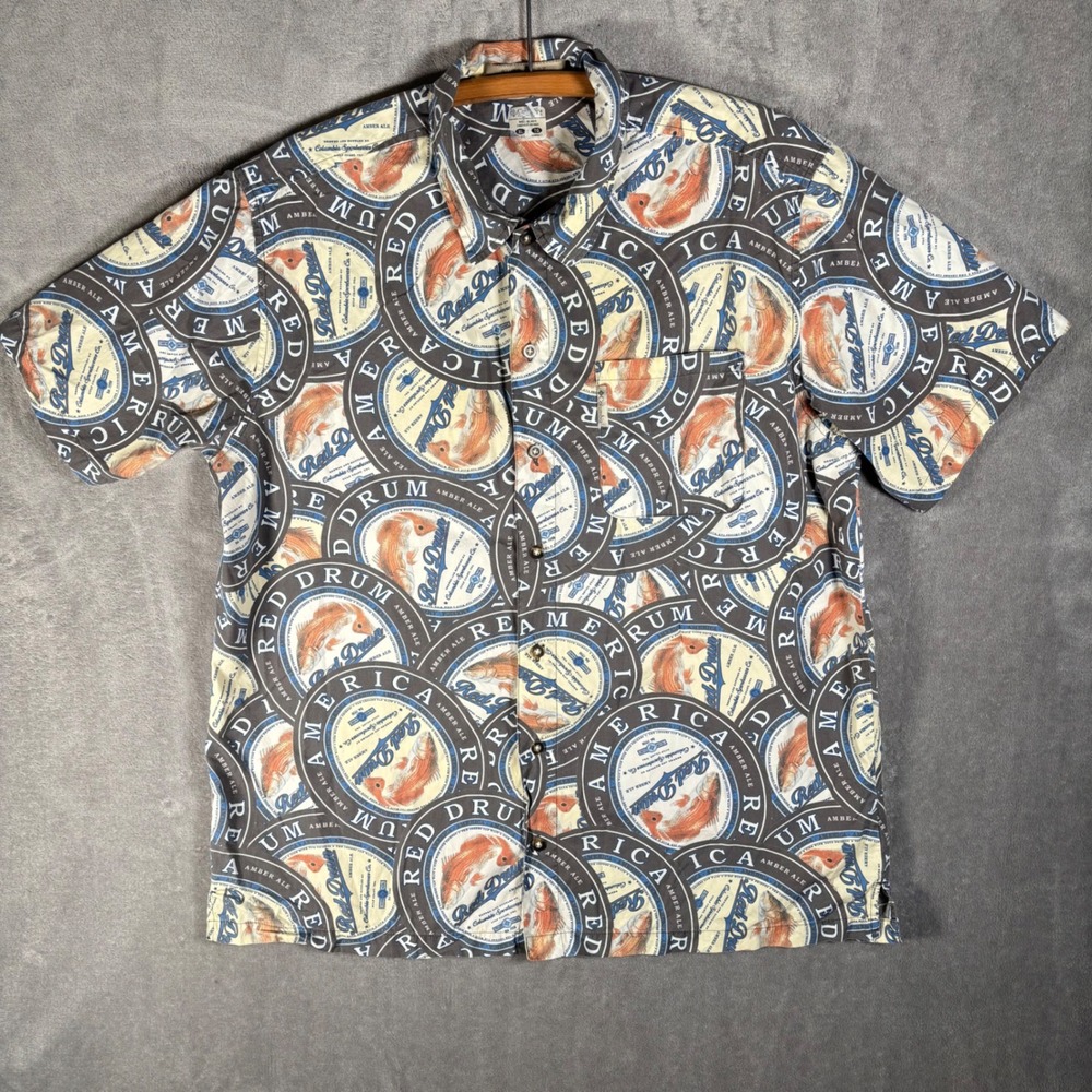 Columbia River Lodge Button Up Shirt Men's XL Red Drum Amber Ale Fish Print AOP